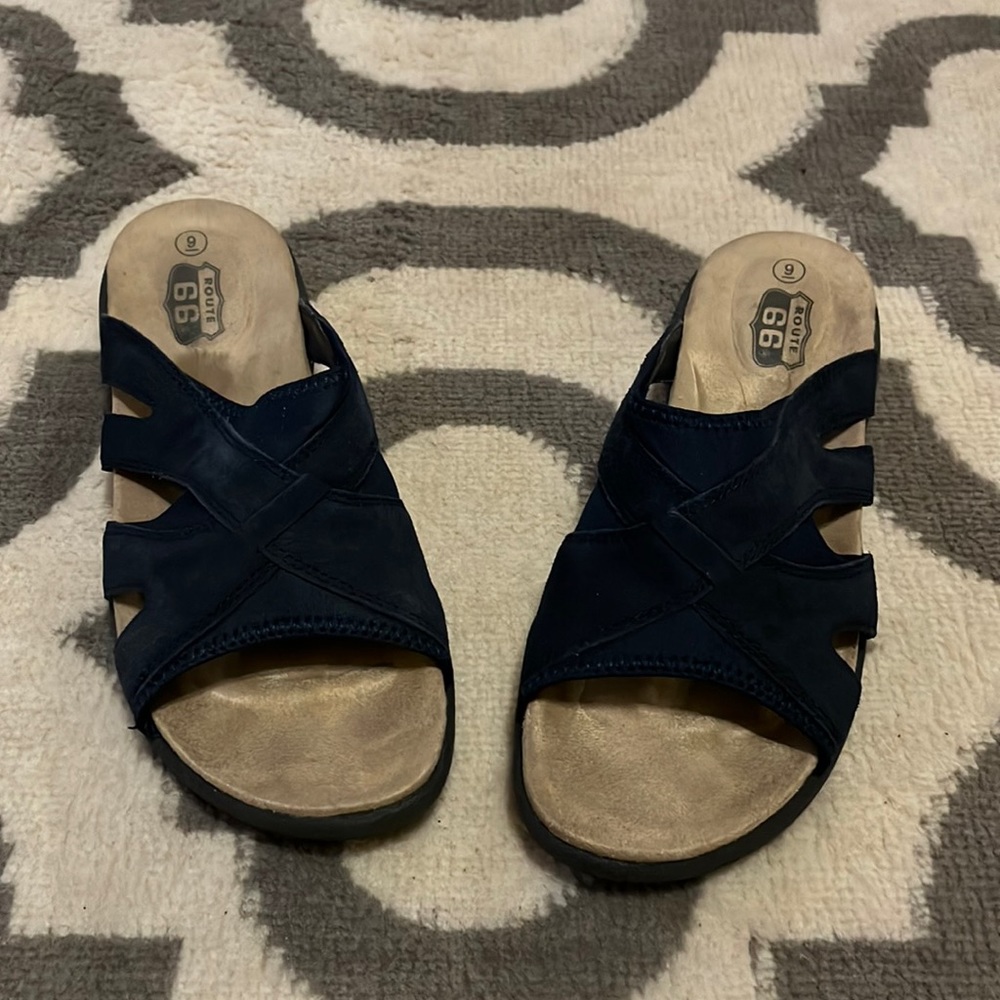Route 66 Navy Blue Leather Slide on Sandals 9